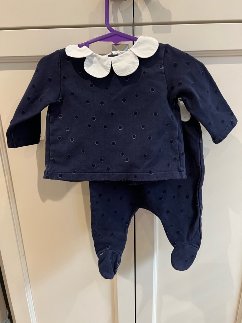 Jacadi 6m Navy Baby two piece with White Peter Pan Collar